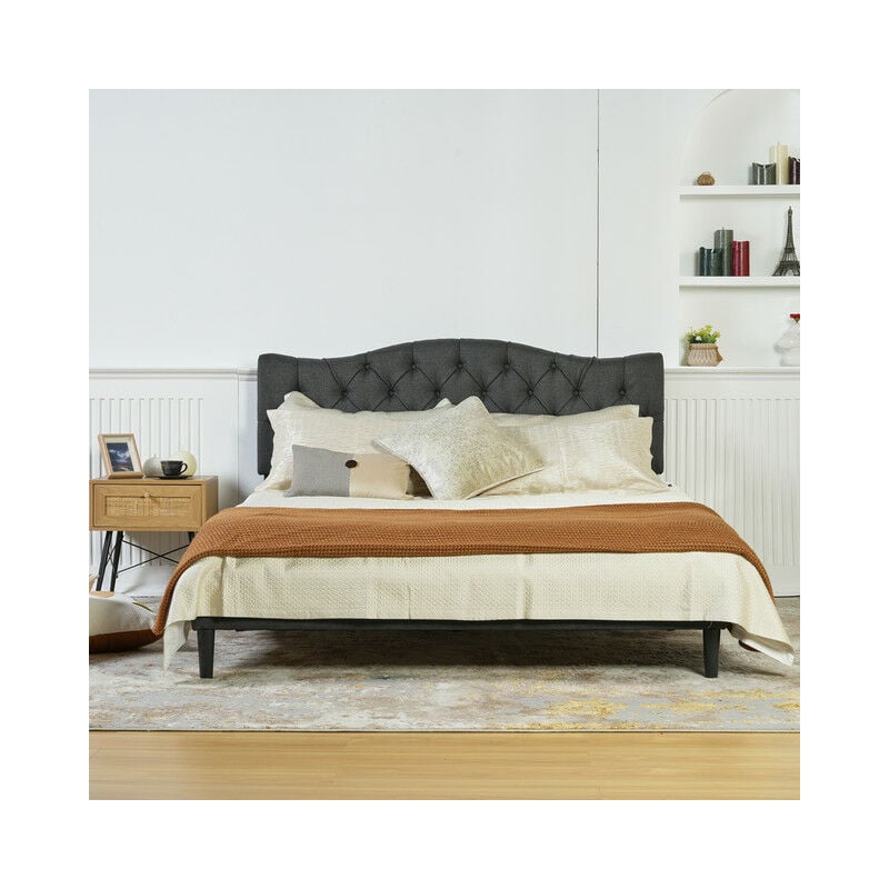 MEUBLES COSY Lit double (160 x 200cm) avec tête de lit capitonnée en tissu gris, structure en métal, sommier à lattes en peuplier, pieds en plastique