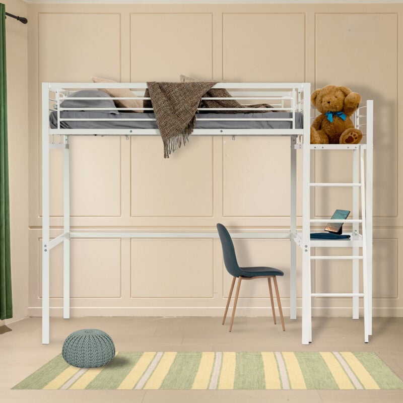 Meubles Cosy - Lit mezzanine adulte en Blanc métal laqué époxy avec bureau - sommier à lattes - 140x190cm - matelas non inclus