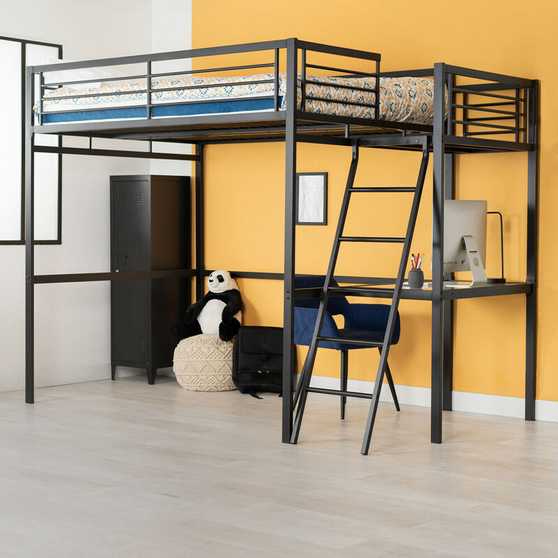Meubles Cosy - Lit mezzanine adulte en Noir métal laqué époxy avec bureau - sommier à lattes - 140x190cm - matelas non inclus - NOIR