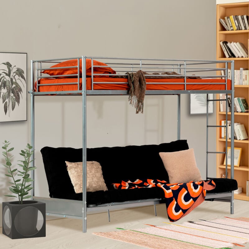 Meubles Cosy - Lit mezzanine avec banquette convertible sans matelas - style industriel métal gris - Sommiers inclus - 90 x 190 cm