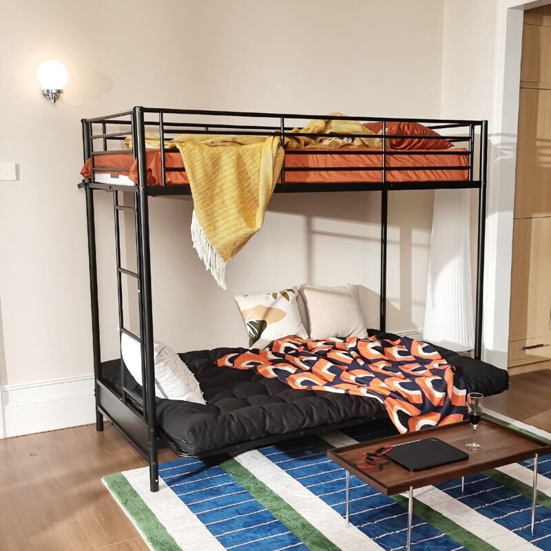 Meubles Cosy - Lit mezzanine avec banquette convertible sans matelas - style industriel métal noire - Sommiers inclus - 90 x 190 cm