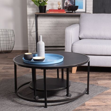 MEUBLES COSY Lot de 2 tables basses gigognes style industriel métal et bois - Noir