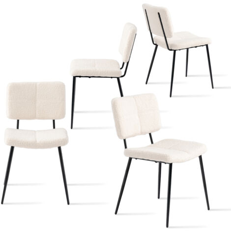 Meubles Cosy – Lot de 4 chaises scandinaves en tissu bouclette beige – Structure en contreplaqué hêtre – Assise rembourrée – Pieds en métal noir – Dimensions 46x55.5x81cm
