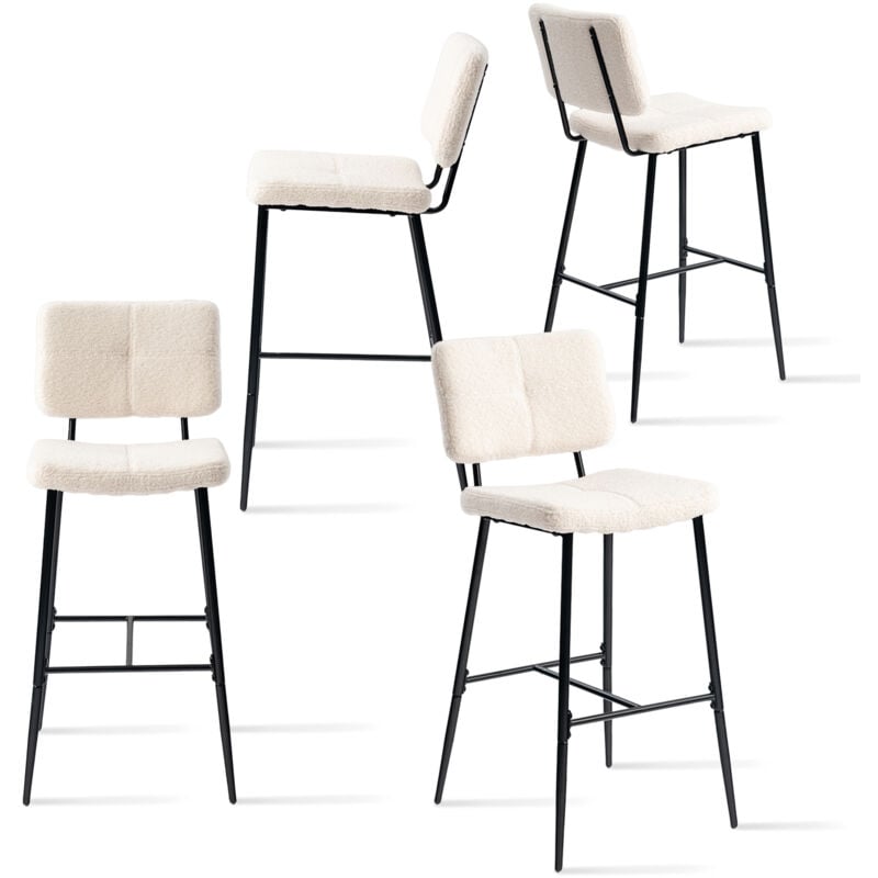 Meubles Cosy - Lot de 4 Tabouret de Bar Scandinave - Siège Rembourrés de 75 cm de Haut - Chaises Hautes en bouclette Beige - pieds et repose pieds en