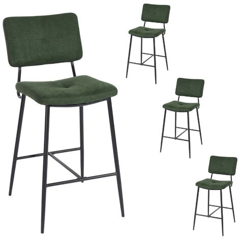 Meubles Cosy – Lot de 4 tabourets de bar rétro vintage – Hauteur d'assise 69 cm – Tissu vert 100% polyester – Pieds en métal noir