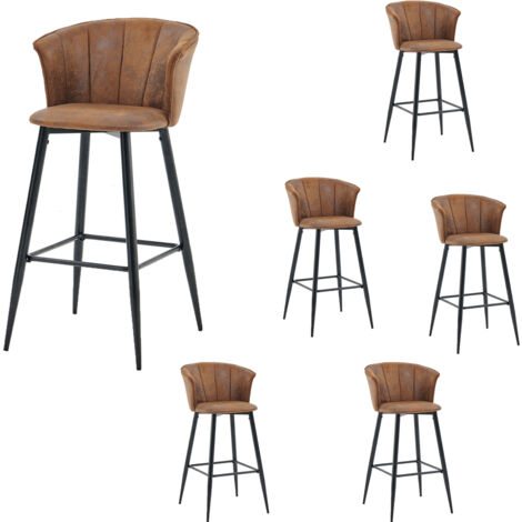 MEUBLES COSY Lot de 6 Tabouret de Bar, Chaise rembourrée en suéde marron avec accoudoirs, dossier et repose-pieds, Siège de Cuisine de 77 cm Haut, Style Industriel, pieds en métal noir