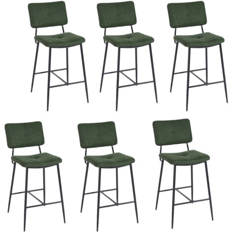 MEUBLES COSY Lot de 6 Tabouret de Bar Rétro Vintage - Siège Rembourrés de 69 cm de Haut - Chaises Hautes en tissu vert - pieds et repose pieds en métal noir