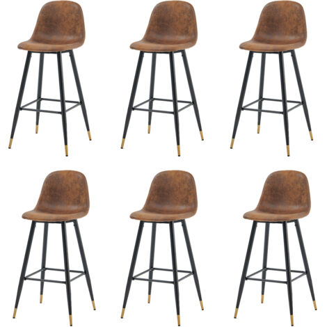 MEUBLES COSY Lot de 6 tabourets de bar de cuisine de style industriel et vintage, recouverts d'un revêtement brun effet seude, avec pieds et repose-pieds en métal H76CM