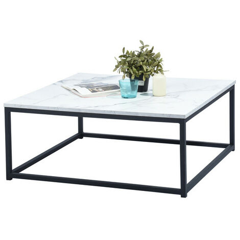 MEUBLES COSY Mesa de centro moderna auxiliar para sofá 80 x 80 cm - Tablero Panel de madera Mármol - Metal pintado de negro