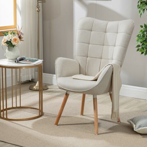 MEUBLES COSY Poltrona con rivestimento in tessuto beige, struttura posteriore in metallo, sedile in compensato e gambe in legno naturale in stile scandinavo