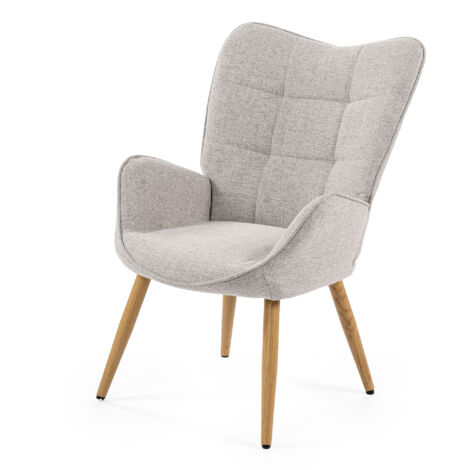 MEUBLES COSY Poltrona con rivestimento in tessuto grigio, struttura dello schienale in metallo, seduta in compensato e gambe in legno naturale in stile scandinavo