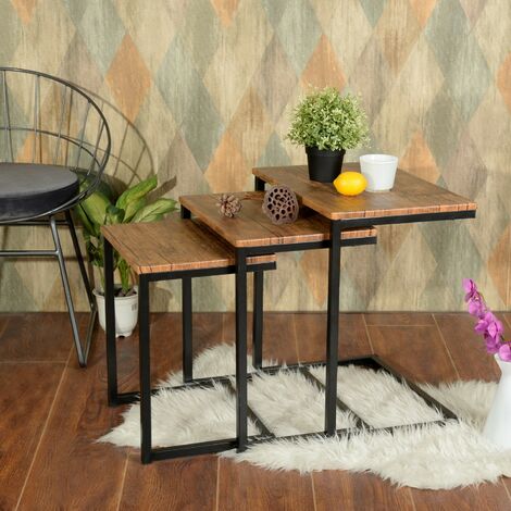 MEUBLES COSY Set de 3 tables d'appoint gigognes rectangulaires avec plateau en bois et piétement luge en métal style industriel - Marron/Noir
