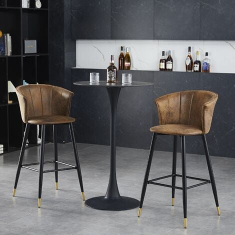MEUBLES COSY Set di 2 Sgabelli da Bar, Sedia Imbottita in Pelle Scamosciata Marrone con Braccioli, Schienale e Poggiapiedi, Sedile da Cucina Alto 77 cm, Stile Industriale, Gambe in Metallo Nero e Oro