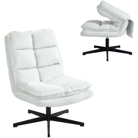 MEUBLES COSY Sillón de ocio plegable sin reposabrazos en tela blanca con asiento de espuma y respaldo abatible, base de acero, giratorio 360