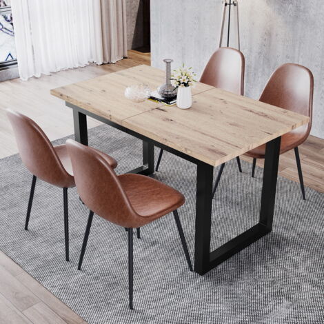 Meubles Cosy – Table à manger extensible industrielle 4-6 personnes – Plateau MDF chêne 15mm – Pieds en acier noir – Montage facile