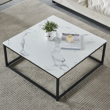 Meubles Cosy – Table basse carrée 80x80cm – Plateau en MDF finition marbre – Structure en acier noir mat – Charge jusqu'à 100kg – Montage rapide