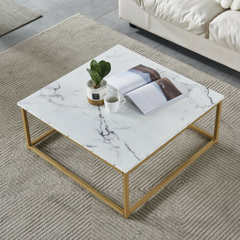 Meubles Cosy – Table basse carrée 80x80cm – Plateau MDF imitation marbre – Structure métal doré – Style rétro-industriel – Poids 11,5 kg