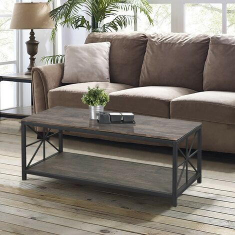 MEUBLES COSY Table basse rectangulaire avec plateau en bois et structure en métal avec une étagère - Noyer/ Noir
