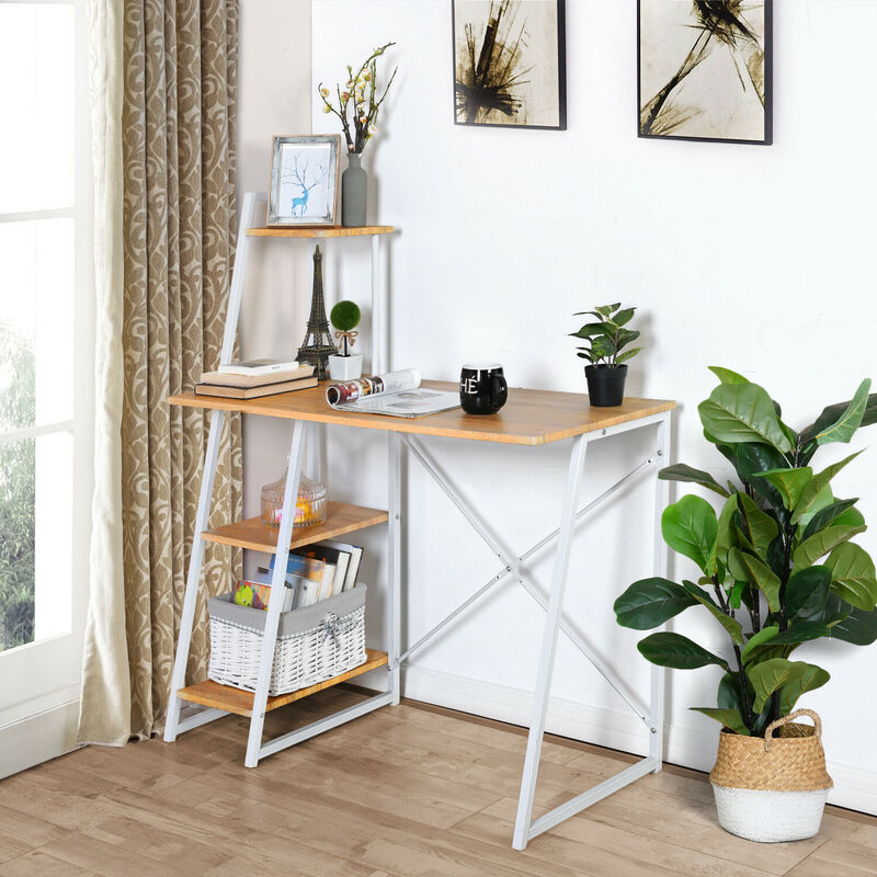 Table de Travail, Bureau pour ordinateur pour lecture et écriture avec 4 étagère,Décor bois Piètement Métal Blanc,Design Scandinave - CHÊNE - Meubles