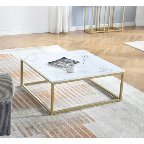 MEUBLES COSY Tavolino Quadrato - Struttura in metallo oro, piano in pannello MDF con finitura simil carta marmo, Stile Industrial