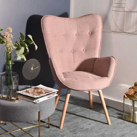 MEUBLES COSY Wohnzimmersessel, Skandinavischer Stil, Rosa Stoff und Buchenholzfüße, 68 x 73 x 106 cm