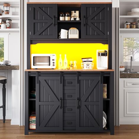 Meubles de cuisine (115 × 40 × 174,7 cm), buffets hauts, armoires de cuisine avec portes coulissantes et éclairage LED, noir et blanc