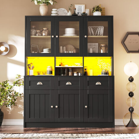 Meubles de cuisine (140×40×175 cm), buffet avec étagères réglables, buffet avec éclairage LED et couleur de lumière réglable.