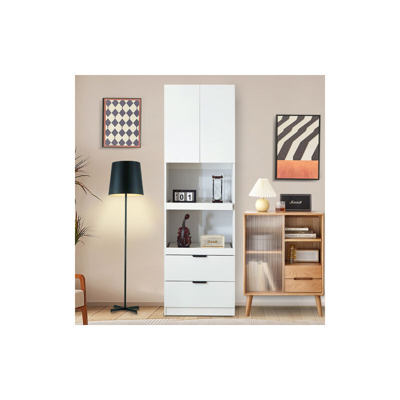 Buffet blanc, garde-manger de cuisine avec 1 armoire à double porte, 2 étagères coulissantes ouvertes et 2 tiroirs, 60x45x200 cm