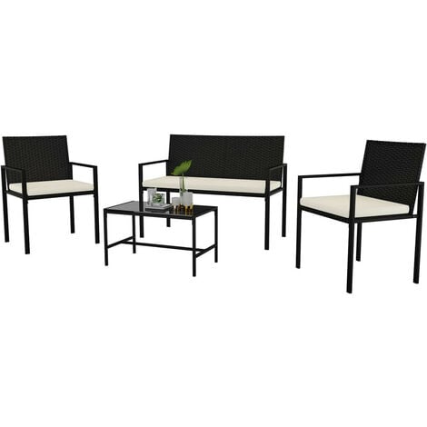 Meubles de Jardin - BIGZZIA - Salon de Jardin en Résine Tressée - Ensemble de 4 - avec 2 Fauteuils, 1 Canapé 2 Places et 1 Table - Noir