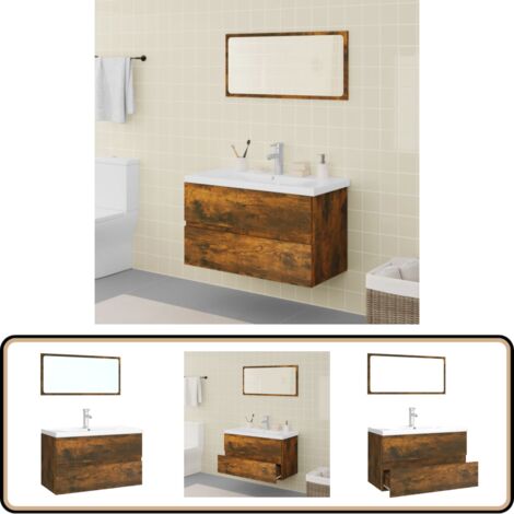 Meubles de salle de bain Chêne fumé Bois d'ingénierie - Ensemble De Meubles Salle De Bain - Meuble Vasque - Meuble Lavabo - Armoire Salle De Bain - Miroir Salle De Bain
