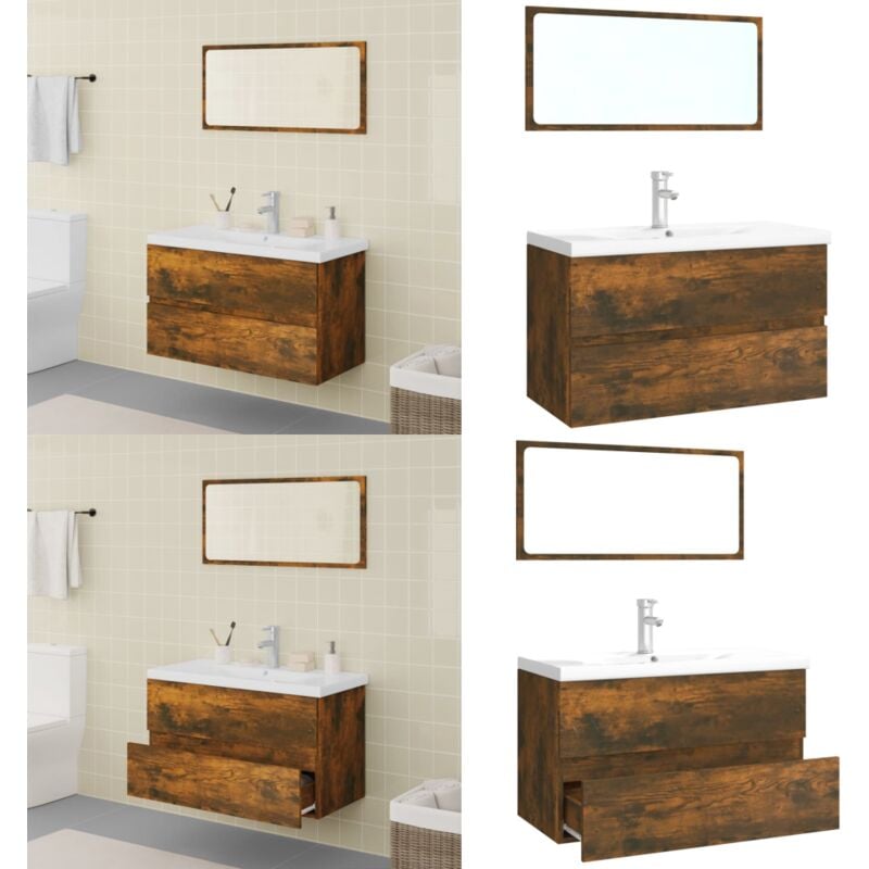 Meubles de salle de bain Chêne fumé Bois d'ingénierie - Ensemble De Meubles Salle De Bain - Meuble Vasque - Meuble Lavabo - Armoire Salle De Bain