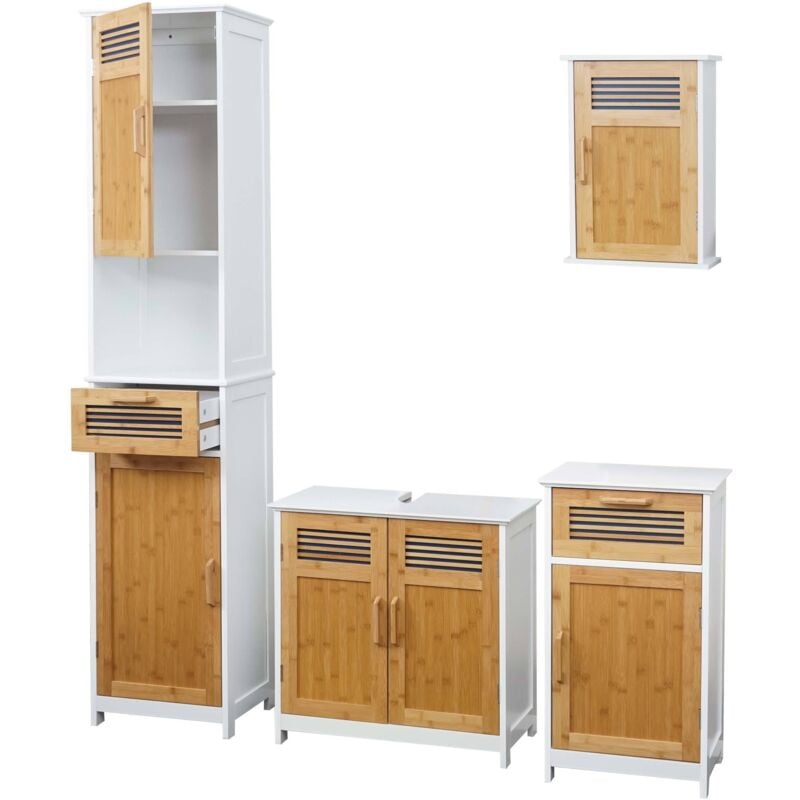 HHG - Meubles de salle de bain 146, armoire haute, meuble sous évier, armoire suspendue, commode, bambou, blanc