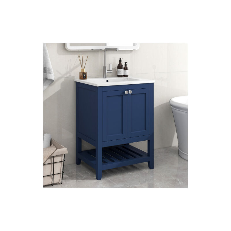 Meubles de salle de bain lavabo simple avec base armoire 60cm avec évier en céramique bleu