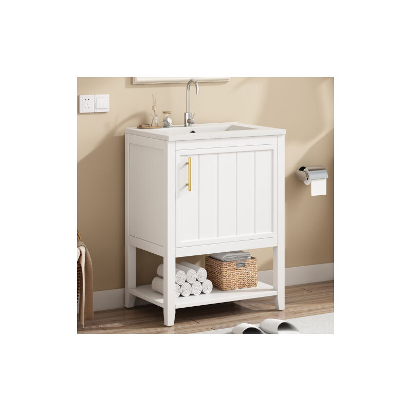 Meubles de salle de bain lavabo simple, commode 60 cm lavabo en céramique avec étagère, blanc