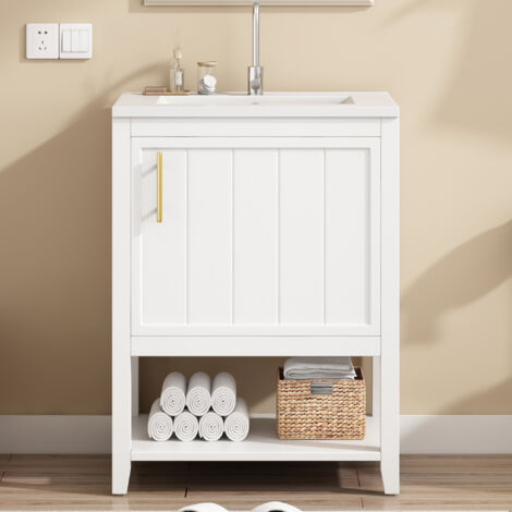 Meubles de salle de bain Plan vasque simple, meuble sous-vasque 60 cm avec lavabo en céramique, avec étagère, blanc