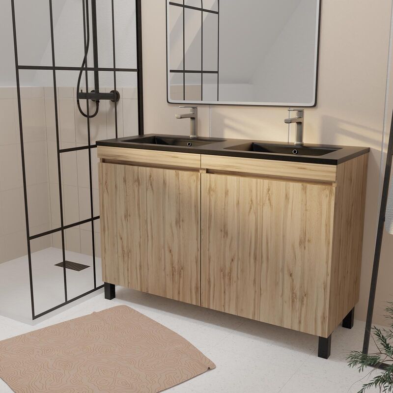 Aurlane - Meuble de salle de bains 120 cm 4 Portes Chêne Naturel + Vasque Double Céramique Noire - timber