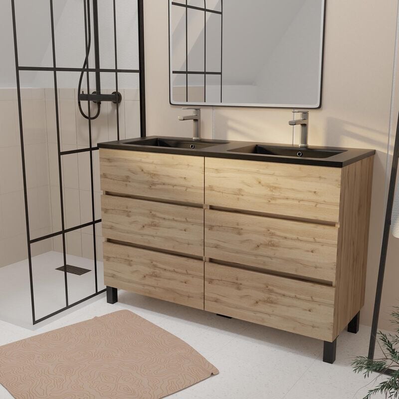Aurlane - Meuble de salle de bains 120 cm 6 Tiroirs Chêne Naturel + Vasque Double Céramique Noire - timber