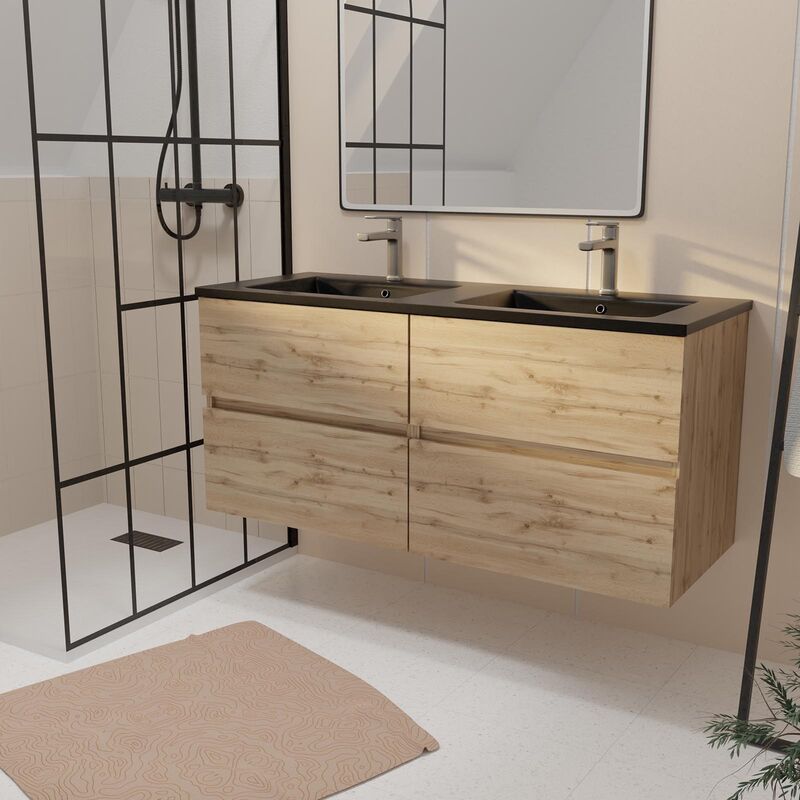 Aurlane - Meuble de salle de bains 120 cm 4 Tiroirs Chêne Naturel + Vasque Double Céramique Noire - timber