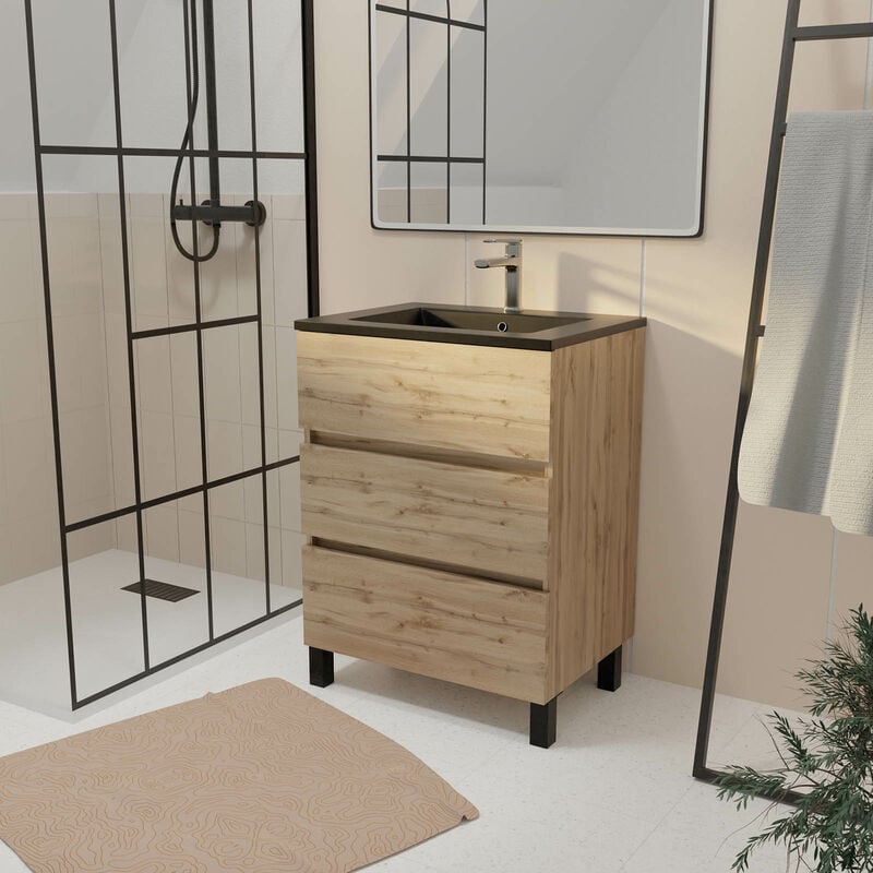 Meuble de salle de bains 60 cm 3 Tiroirs Chêne Naturel + Vasque Céramique Noire - timber