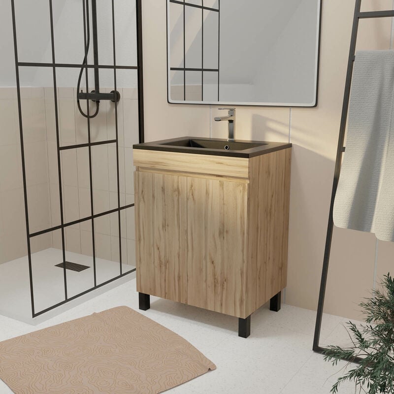 Meuble de salle de bains 60 cm 2 Portes Chêne Naturel + Vasque Céramique Noire - timber
