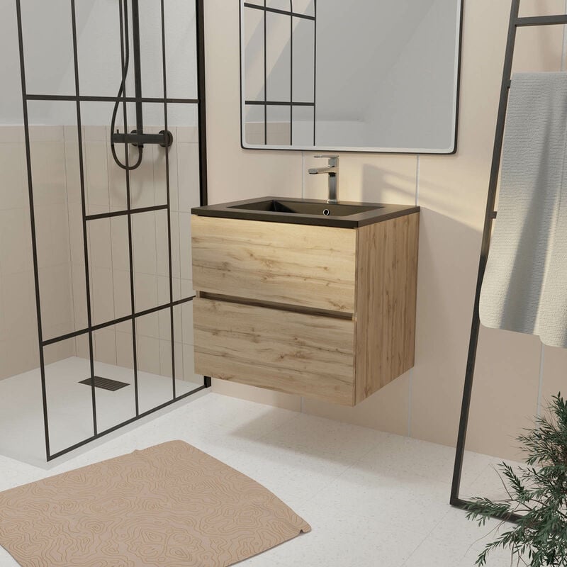 Meuble de salle de bains 60 cm 2 Tiroirs Chêne Naturel + Vasque Céramique Noire - timber