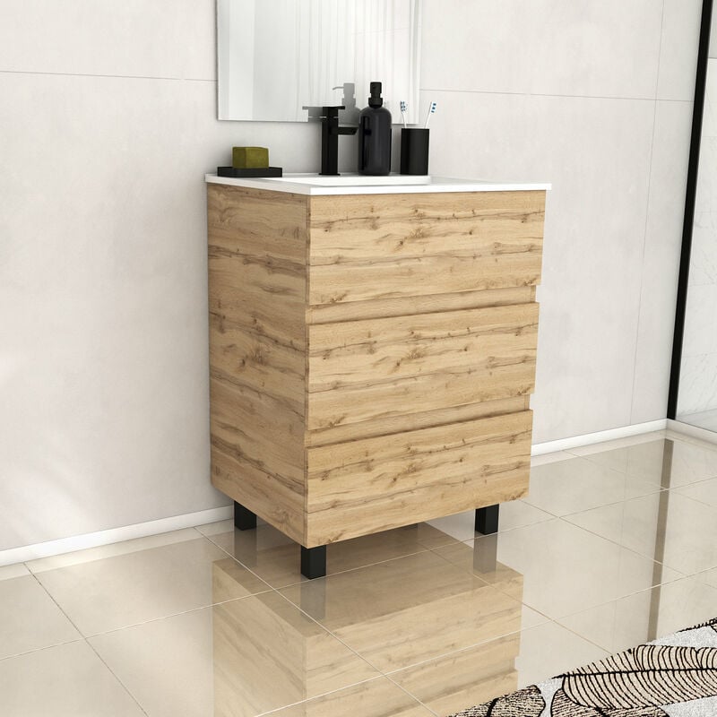 Aurlane - Meuble de salle de bains 60cm 3 TiroirsChêne Naturel + Vasque céramique blanche - timber 60