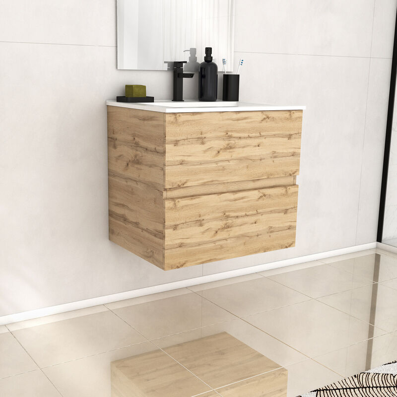 Aurlane - Meuble de salle de bains 60cm 2 TiroirsChêne Naturel + Vasque céramique blanche - timber 60