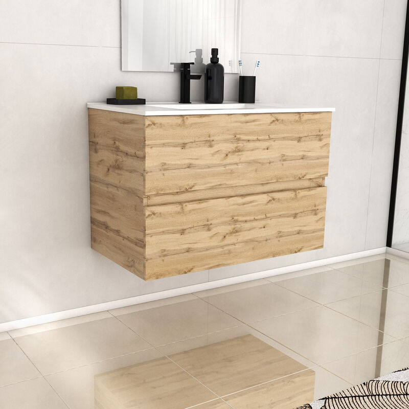 Aurlane - Meuble de salle de bains 80cm 2 TiroirsChêne Naturel + Vasque céramique blanche - timber 80