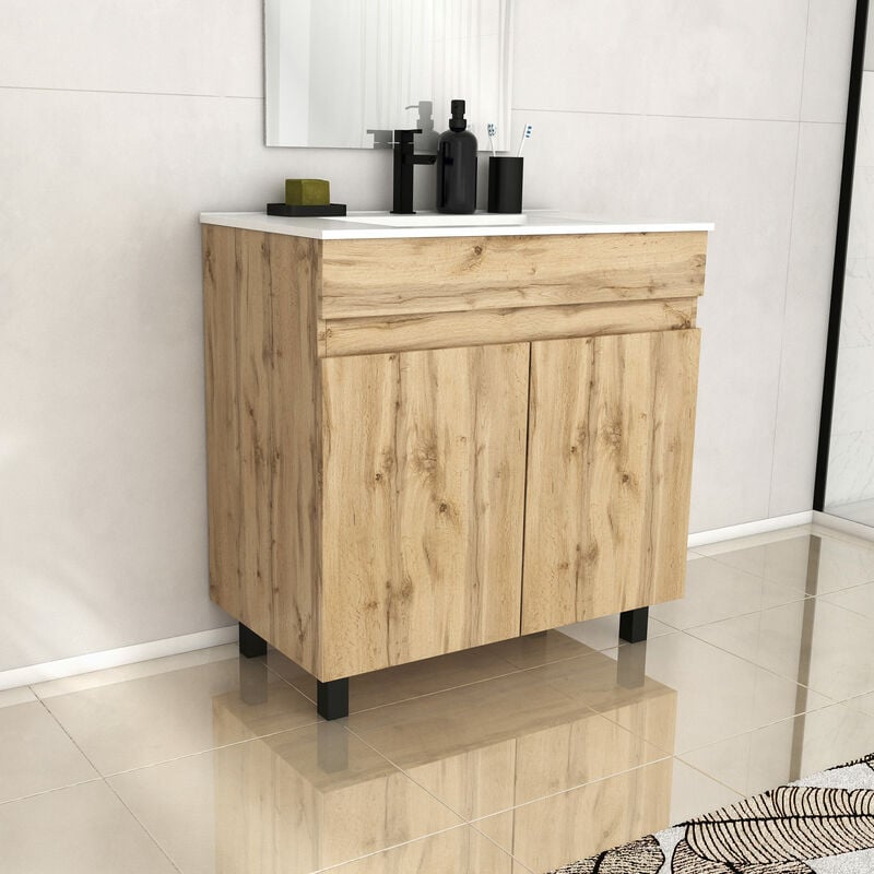 Aurlane - Meuble de salle de bains 80cm 2 PortesChêne Naturel + Vasque céramique blanche - timber 80