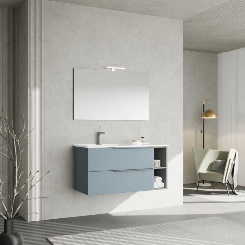 Meubles De Salle De Bains Suspendus 100Cm Bleu Clair, Lavabo Et Miroir Avec Lampe New York