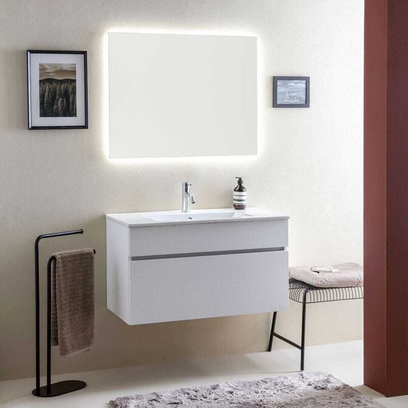 Kiamami Valentina - Meubles De Salle De Bains Suspendus Cm90 Promenade Et Miroir Rétro-Éclairé Sole