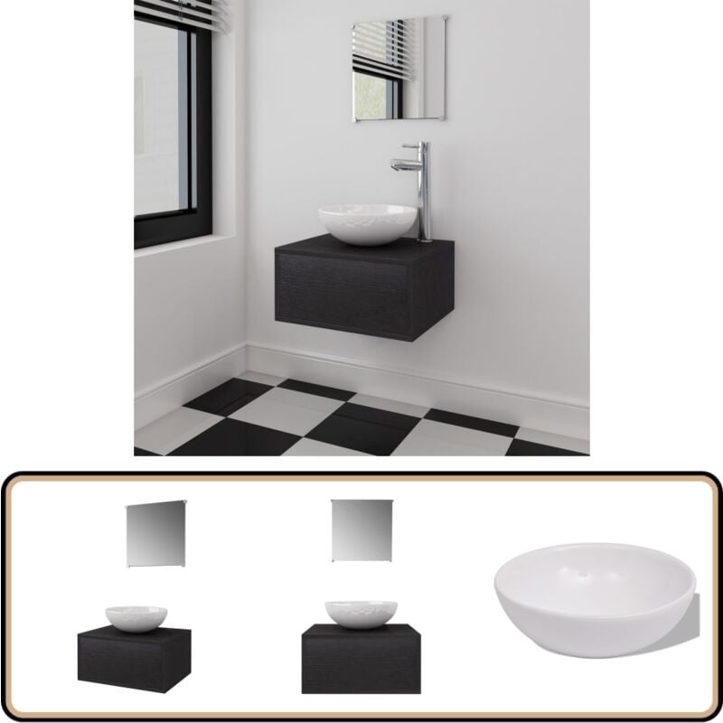 Meubles de salle de bains trois pièces Noir - Meuble De Salle De Bain - Ensemble Salle De Bain - Lavabo Suspendu - Miroir Salle De Bain - Rangement