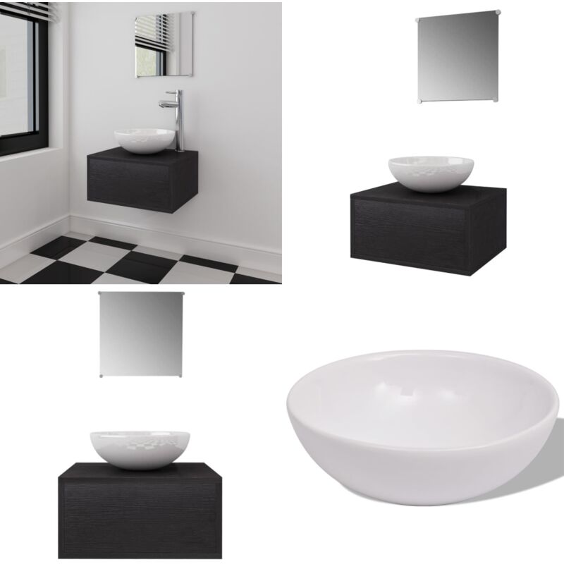 Meubles de salle de bains trois pièces Noir - Meuble De Salle De Bain - Ensemble Salle De Bain - Lavabo Suspendu - Miroir Salle De Bain - Rangement