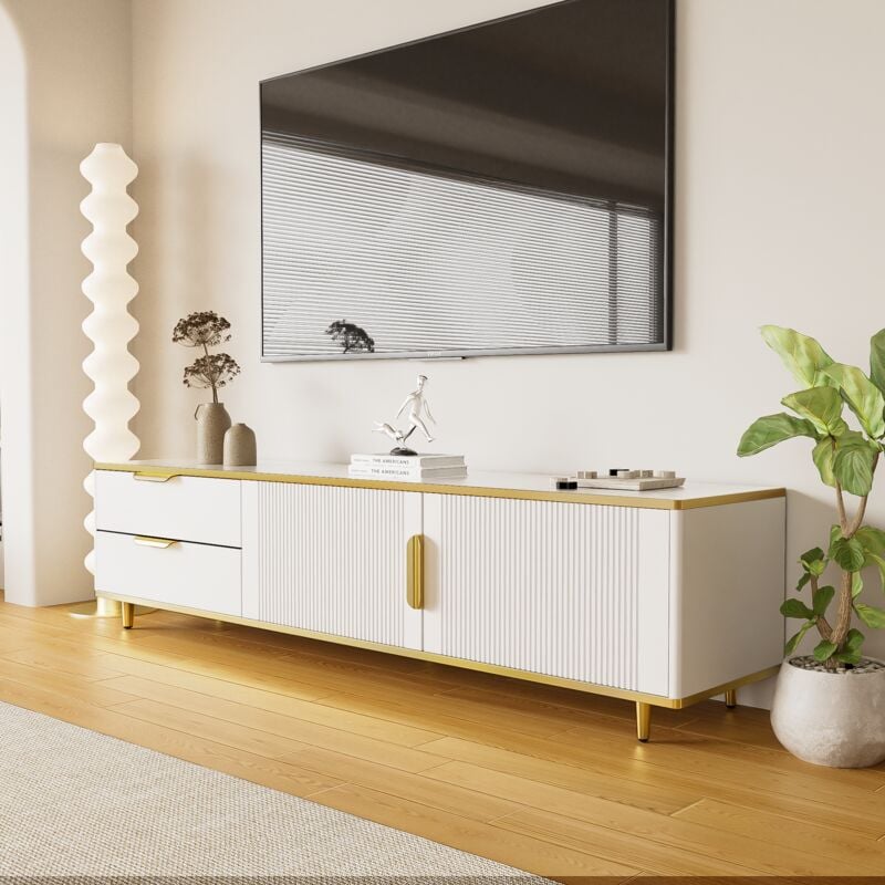 Meubles de salon, meuble tv 175x40x45cm, 2 tiroirs + 2 portes, garniture dorée Hauss Spole blanc